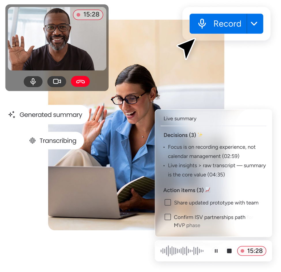 monday notetaker app recording a video call, showing live transcription, generated summary, and a live meeting summary with decisions and action items