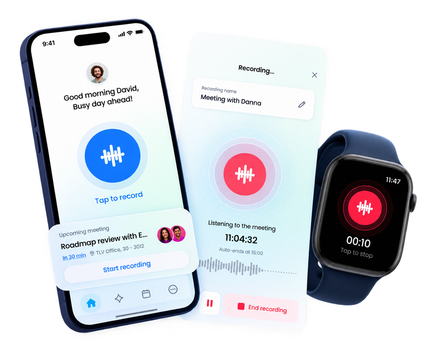 monday Notetaker on iPhone and Apple Watch: tap to record an in-person meeting, with a live recording timer and an End recording button