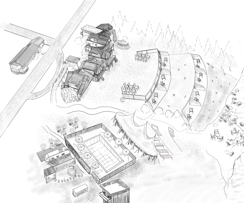 Black and white aerial sketch of a resort area with clustered buildings, tiered seating on a hillside, a tent structure, a fenced pool with umbrellas, outdoor tables and chairs, and a nearby road.