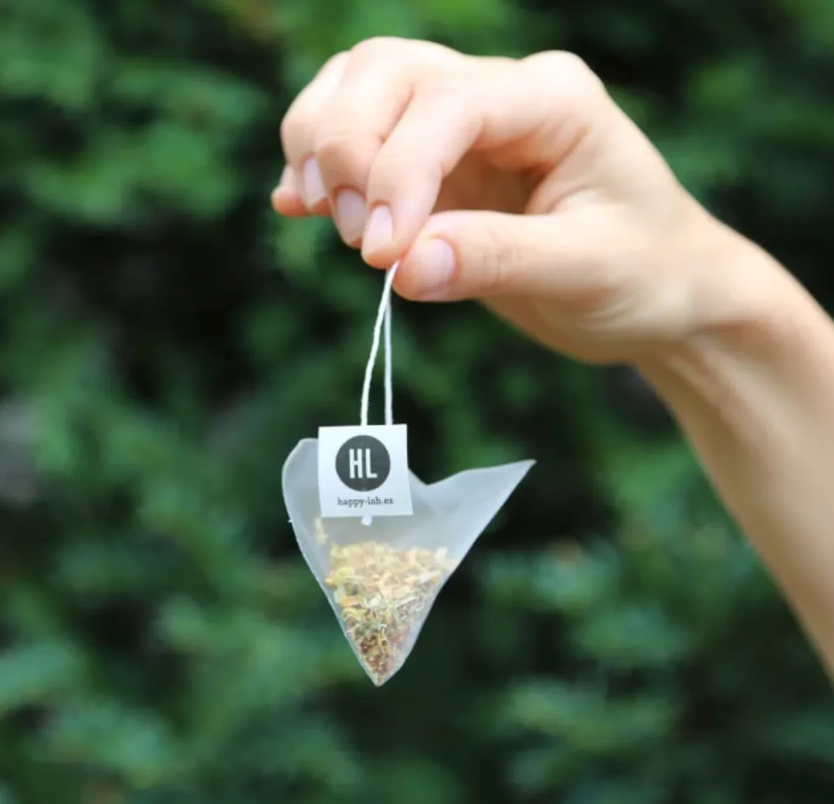 Hand holding a pyramid-shaped tea bag with a label that reads 'HL happy-lab.es' against a blurred green background.