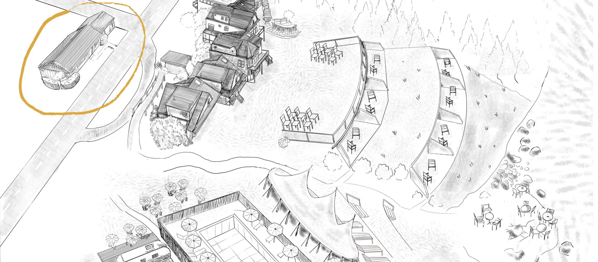 Black and white sketch of a resort layout showing multiple buildings, outdoor seating areas with umbrellas, terraced seating on a hillside, and pathways.