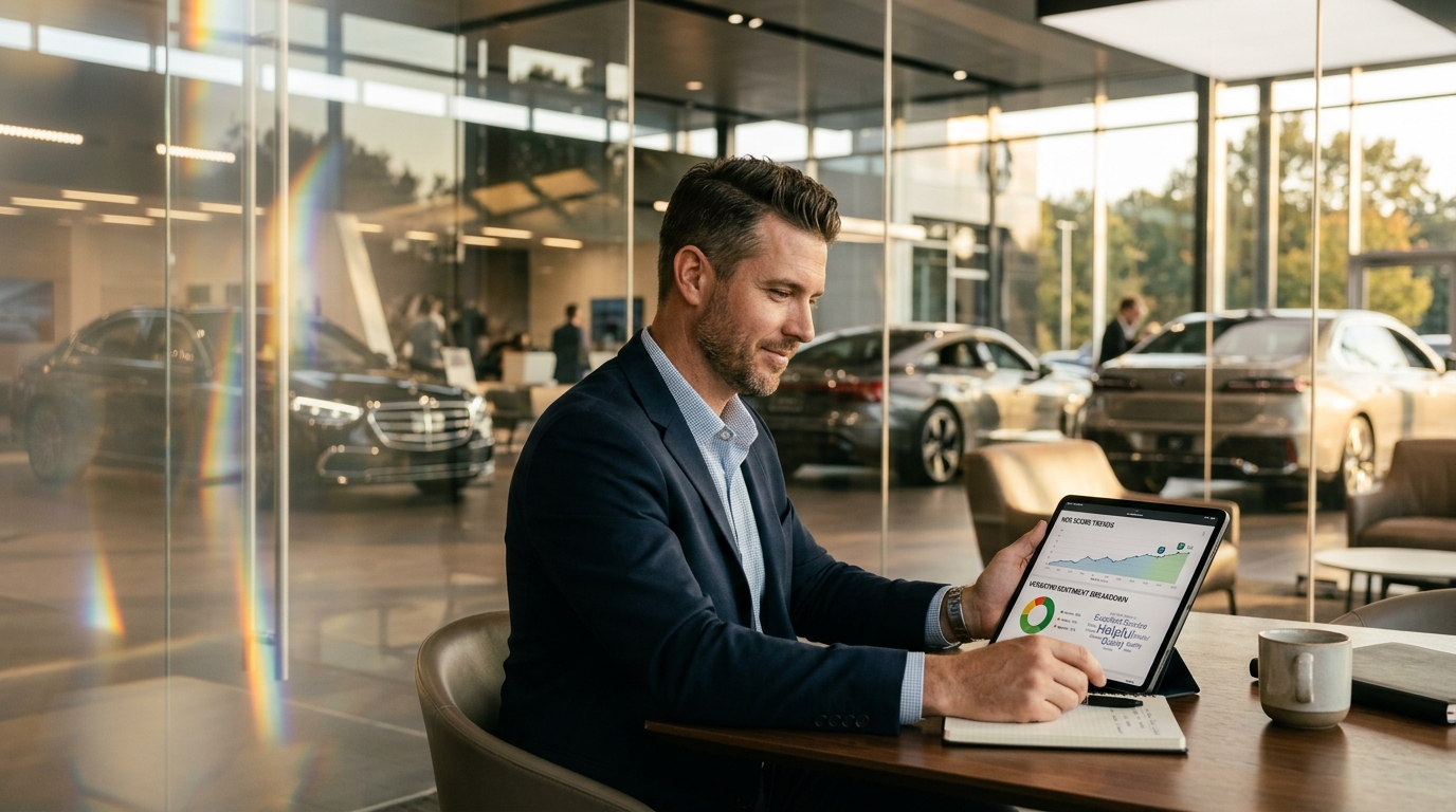 Responsable concession automobile consultant les tendances de score NPS et la répartition des verbatims sur tablette