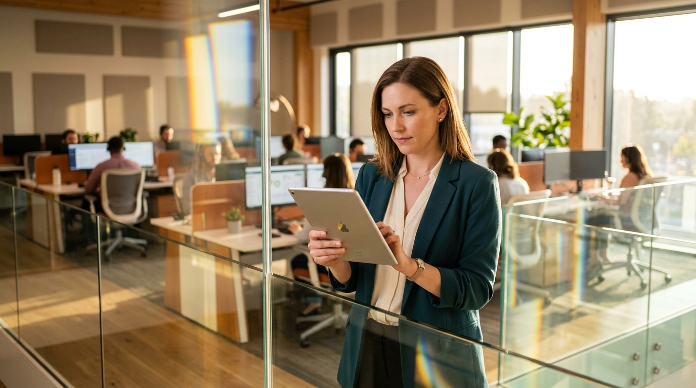 CX manager reviewing satisfaction data on a tablet, support team in the background