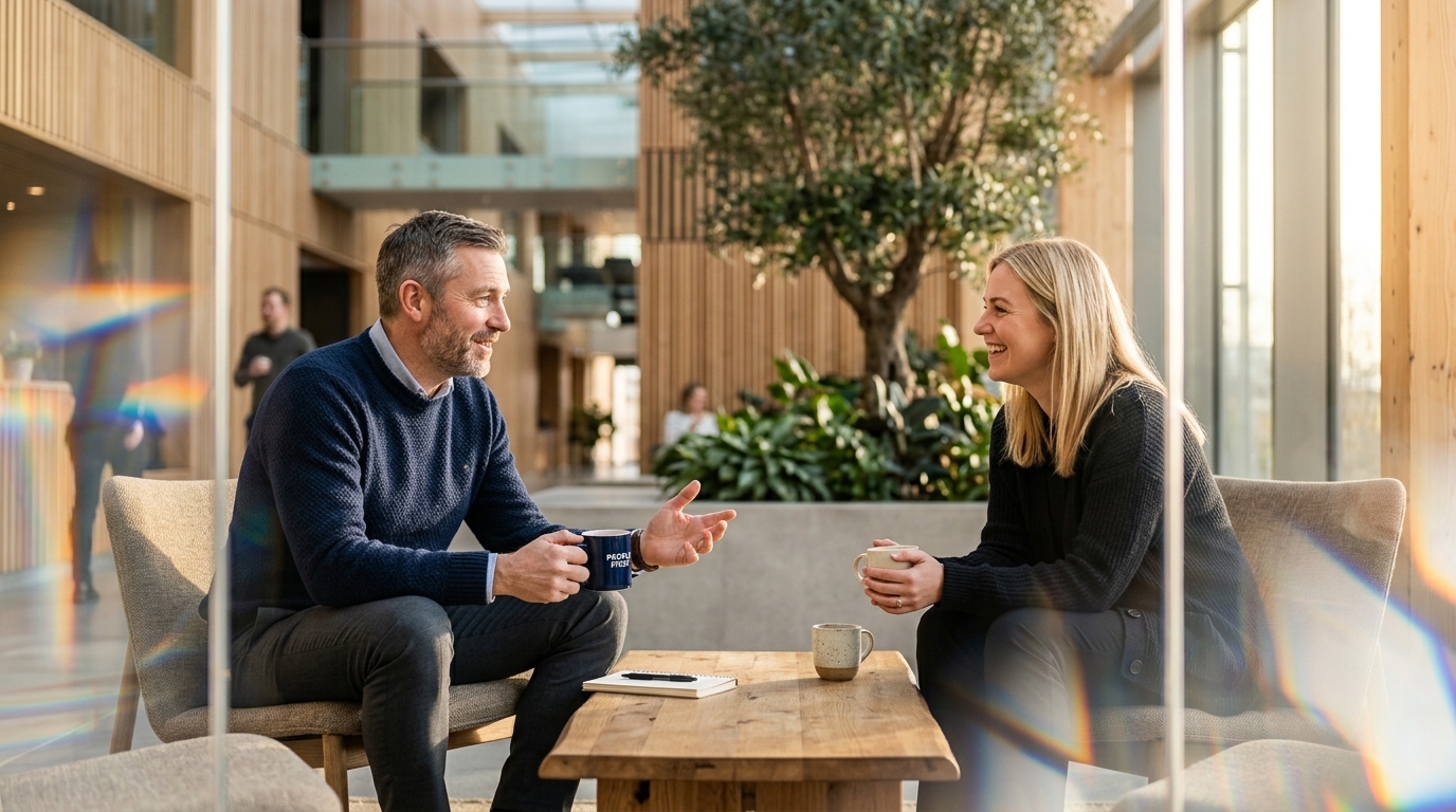Échange entre une cliente et un conseiller autour d'un café