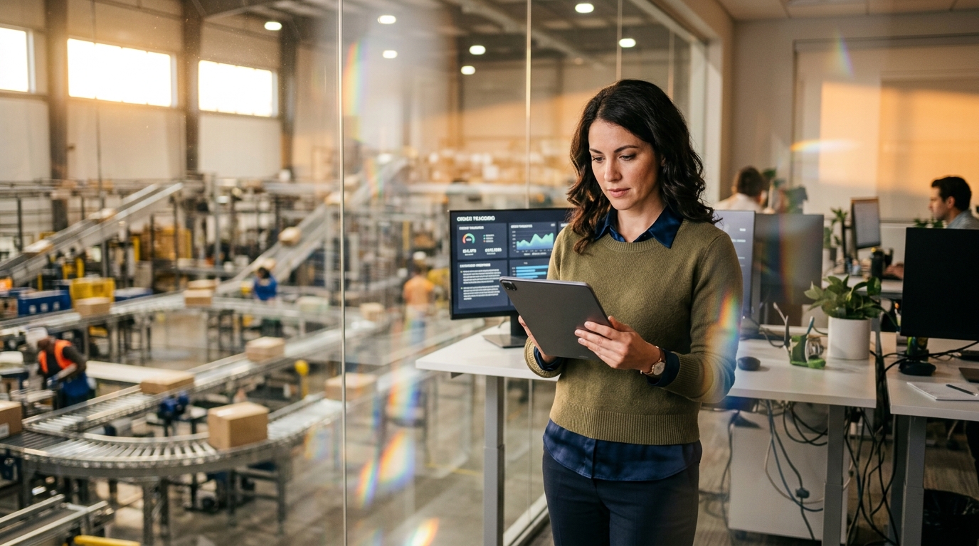 Responsable relation client consultant sa tablette, entrepôt logistique en arrière-plan