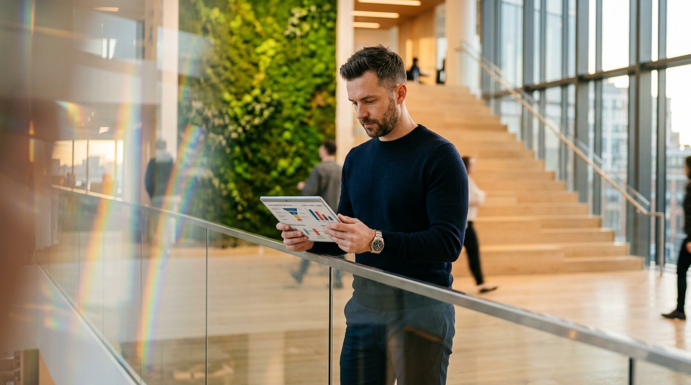 Responsable expérience client consultant des indicateurs sur sa tablette dans un hall de bureaux