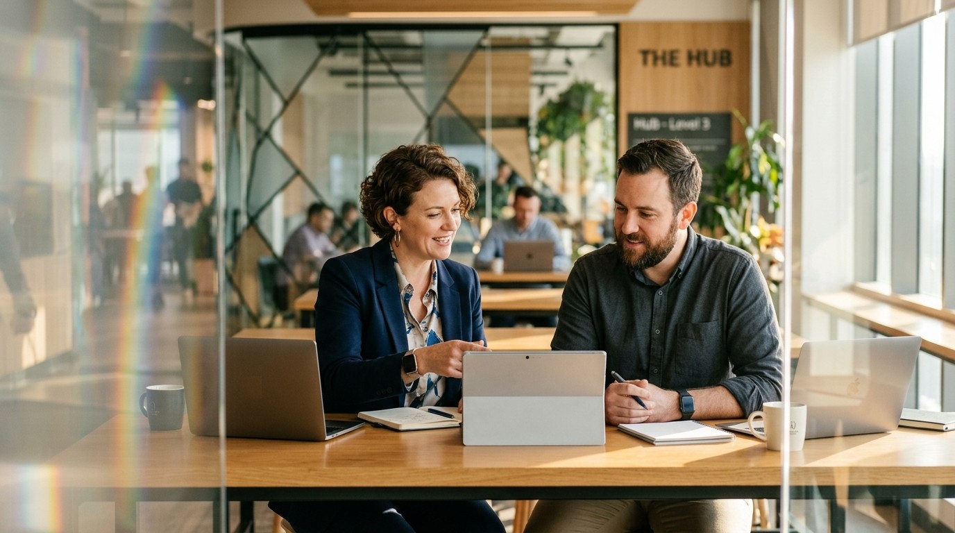 Two colleagues discussing customer journeys across channels around a tablet