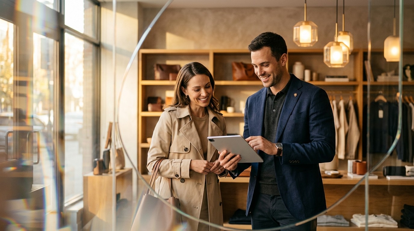 Conseiller de vente montrant une tablette à une cliente dans une boutique