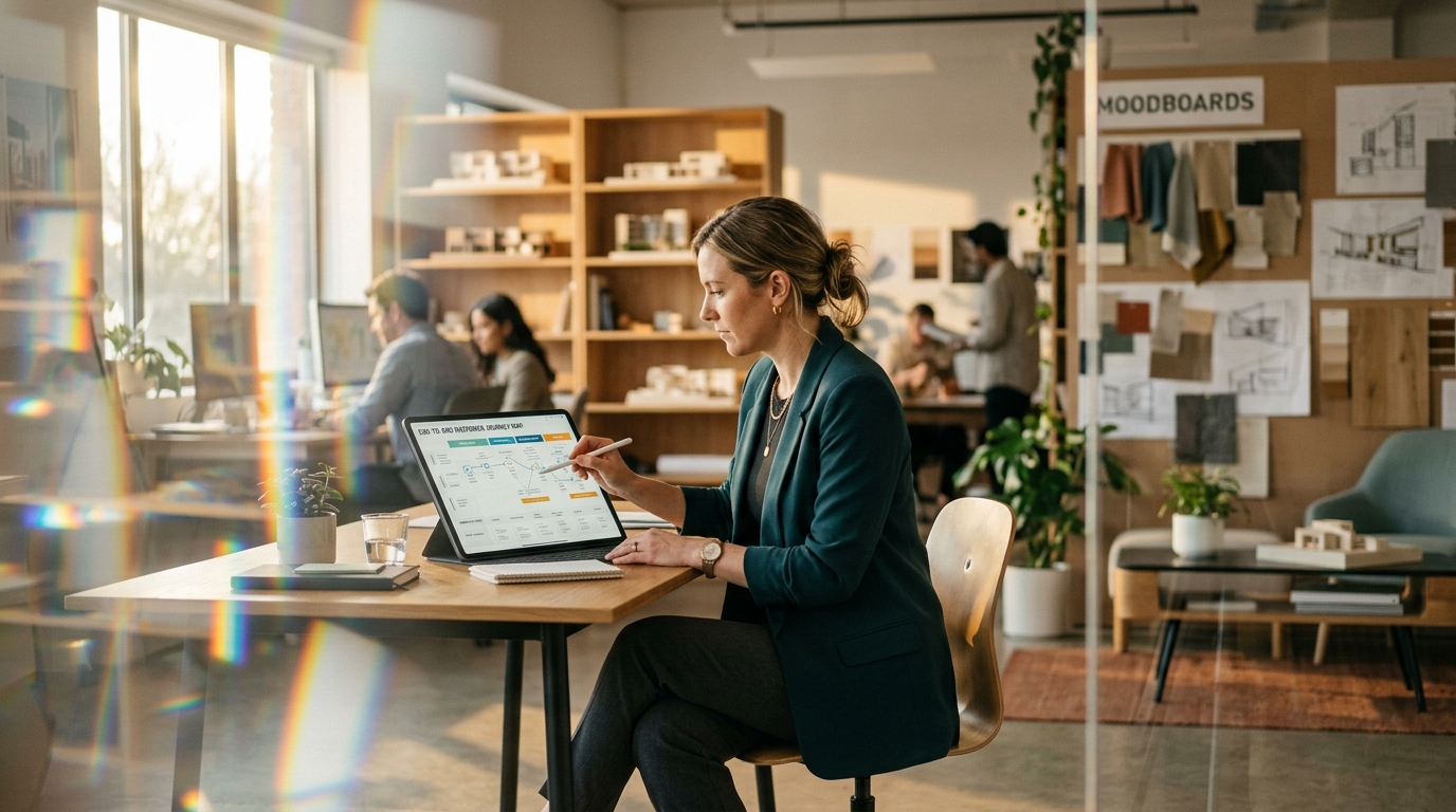 Responsable expérience client analysant un parcours client sur sa tablette