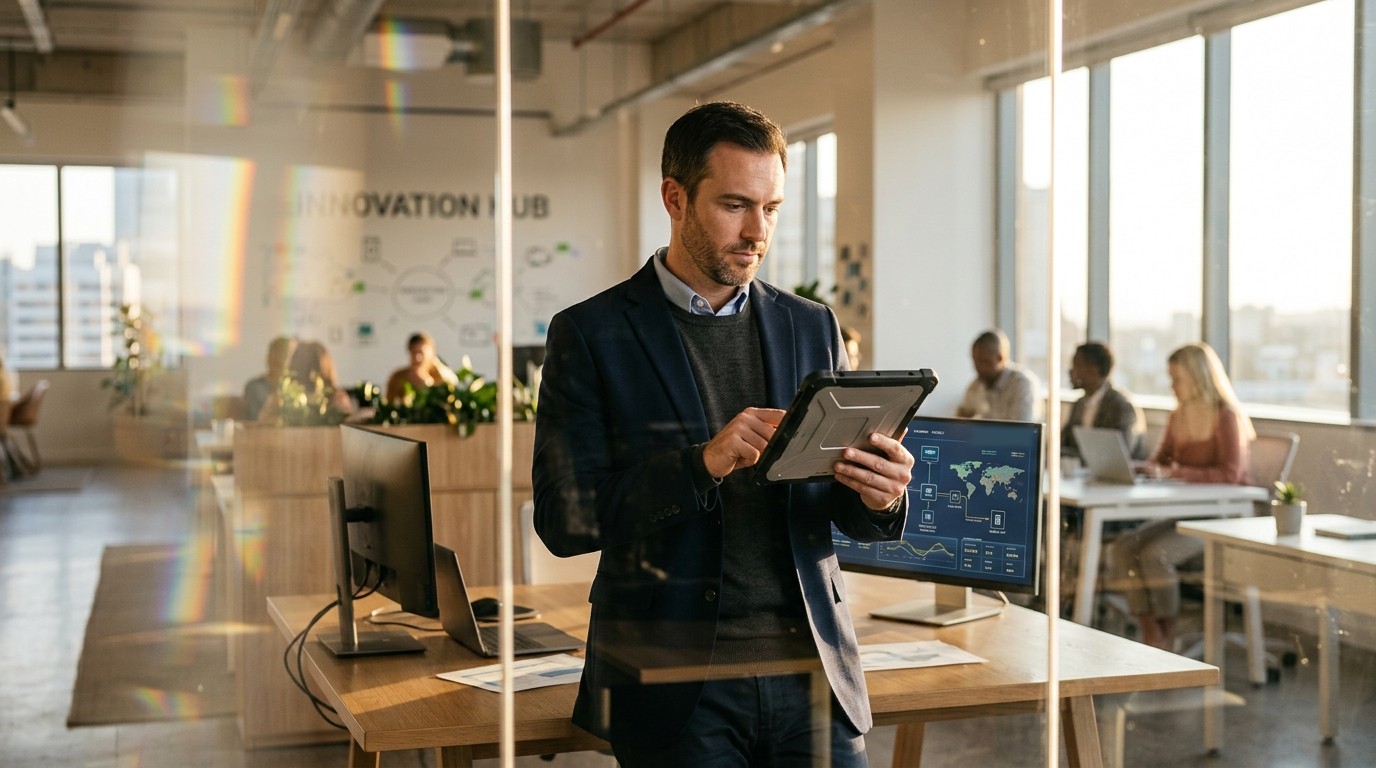 Responsable des opérations consultant sur sa tablette les outils connectés de son équipe