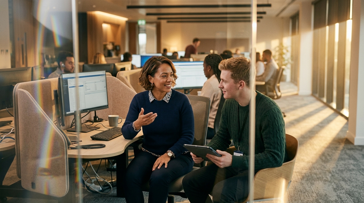 Conseillère service client échangeant avec un collègue sur un plateau de centre de contact