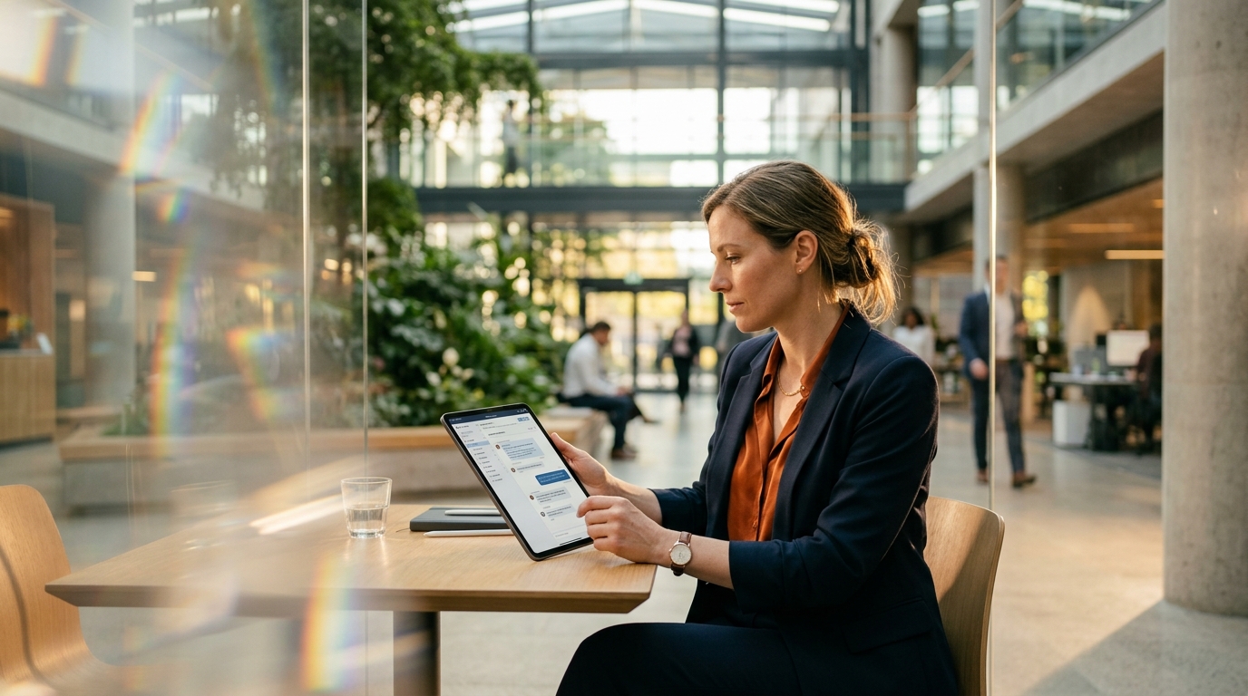 Customer relations manager reviewing a customer conversation on a tablet in an office atrium