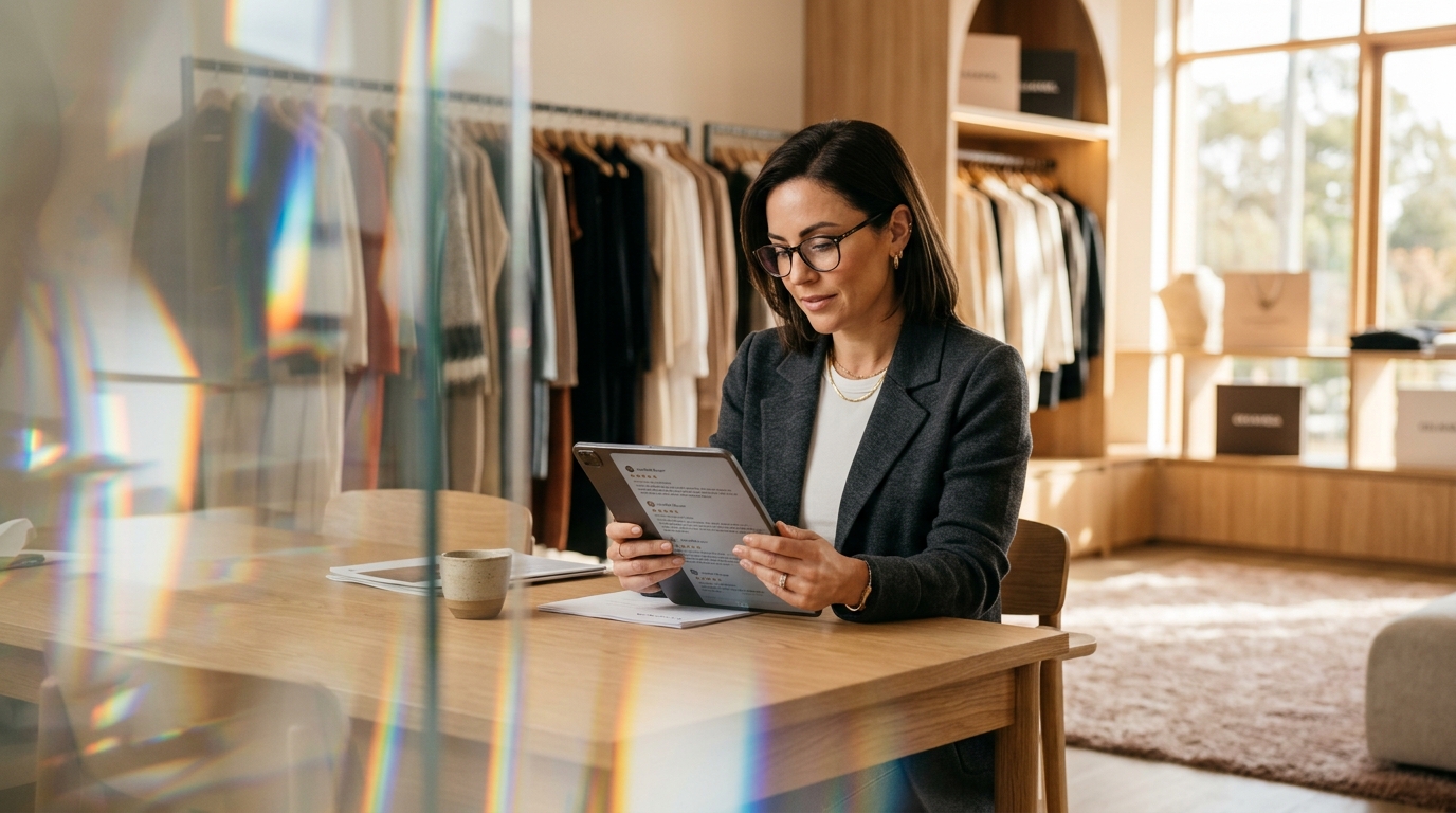 Professional reviewing customer feedback on a tablet in a clothing boutique