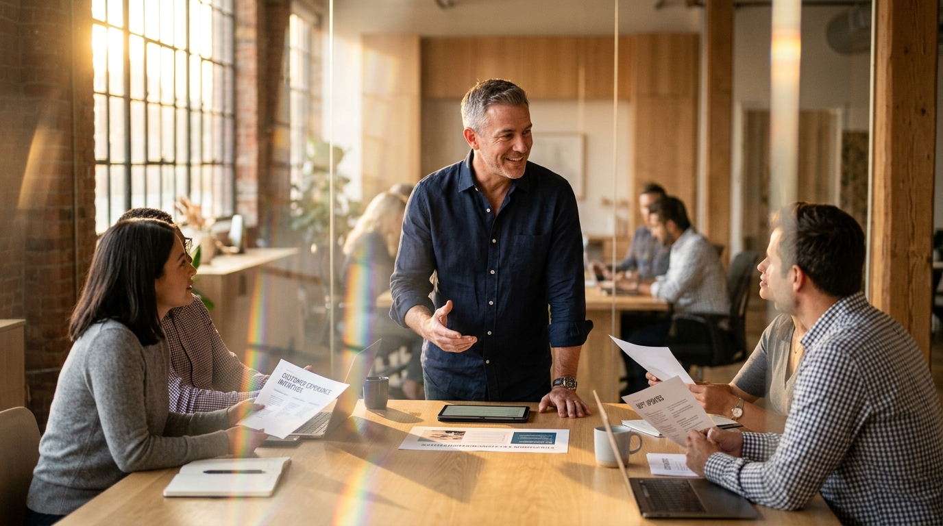 Manager talking with three colleagues around a meeting table covered with working documents