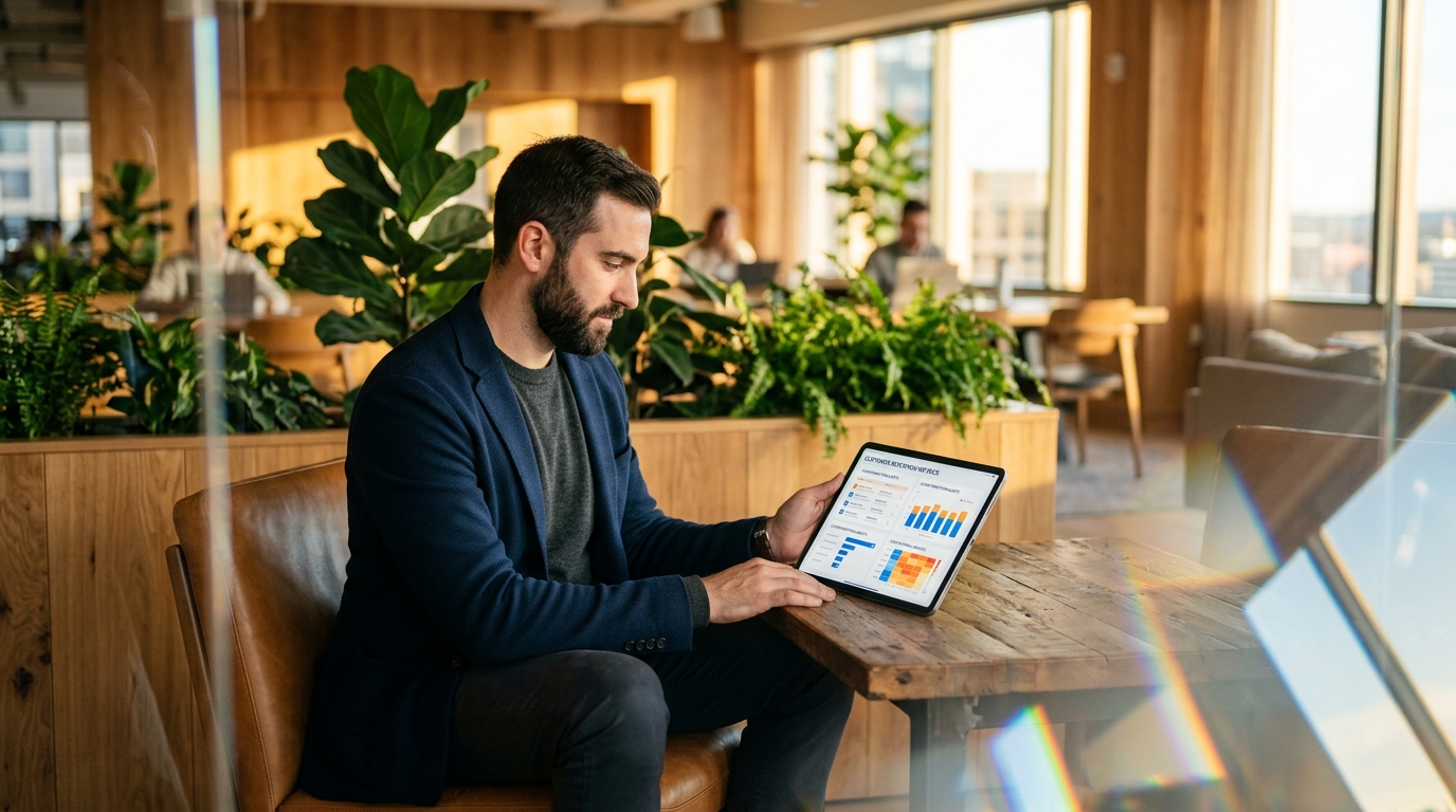 Customer relations manager analyzing a dashboard on a tablet in a workspace