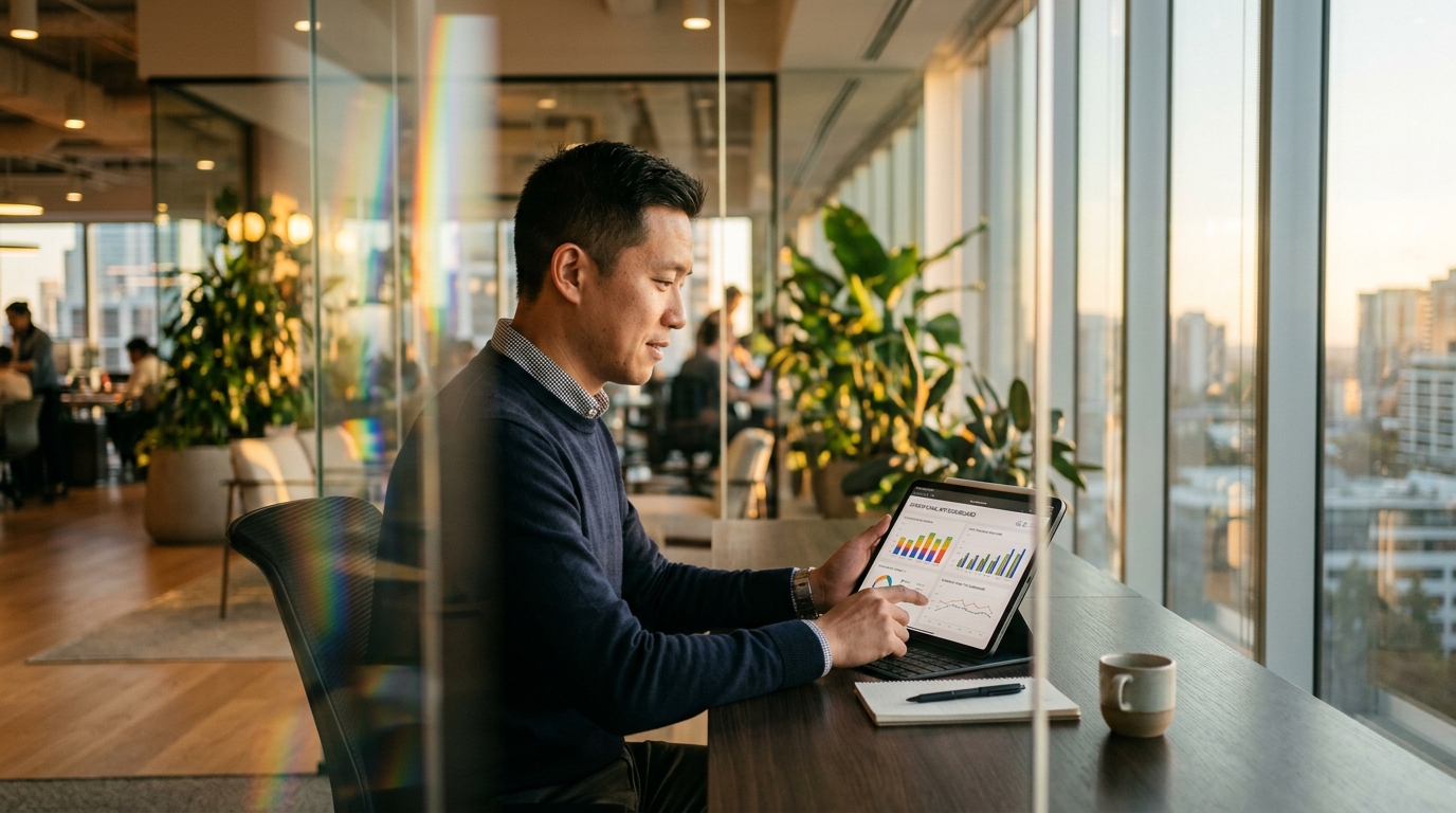 CX manager reviewing indicators shown as charts on a tablet in a bright office