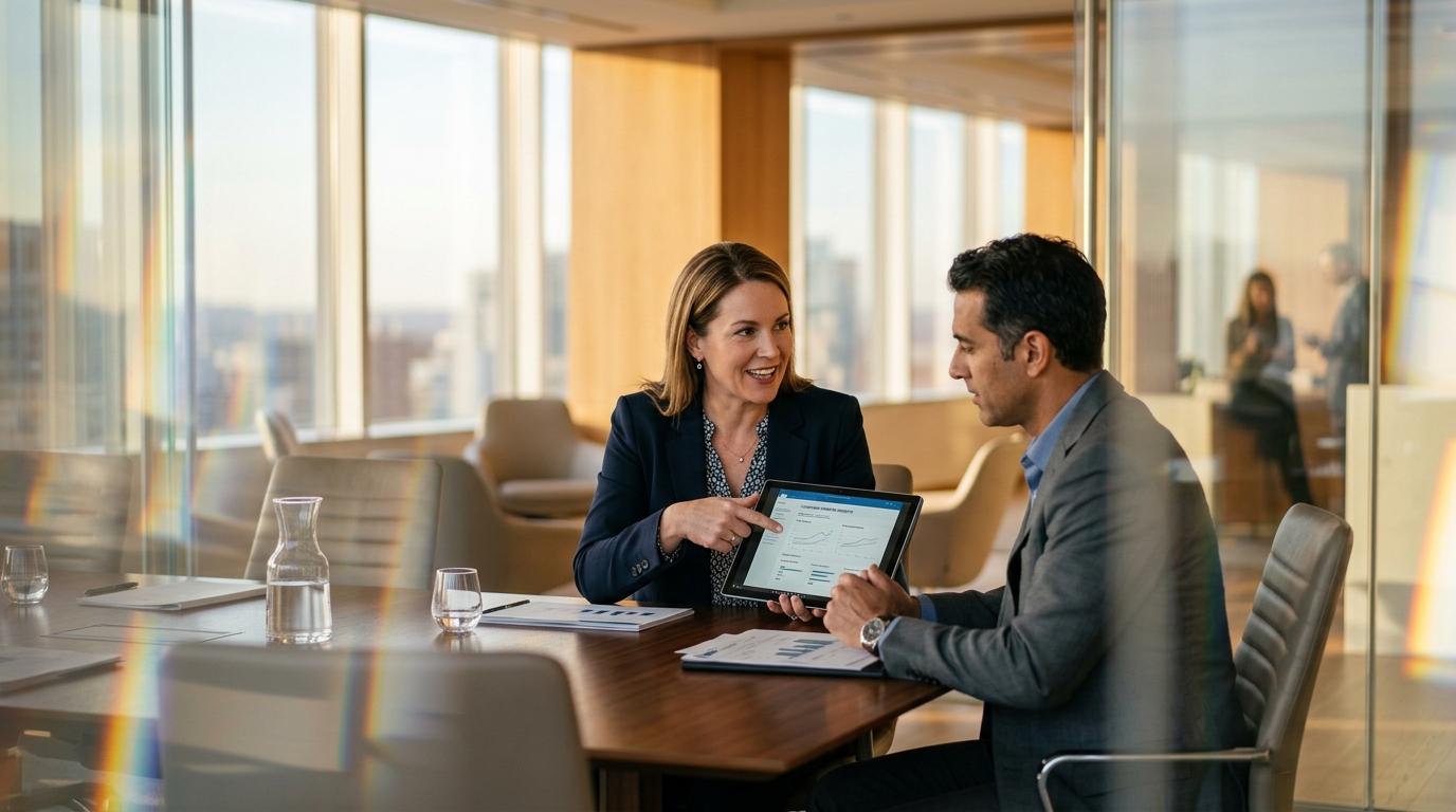 A manager shows charts on a tablet to a colleague during a meeting in a glass-walled room