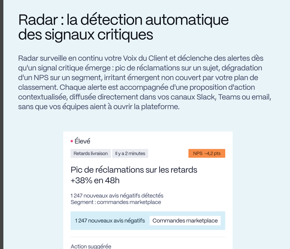 Capture Glanceable : alerte Radar signalant un pic de réclamations et une baisse de NPS sur un segment