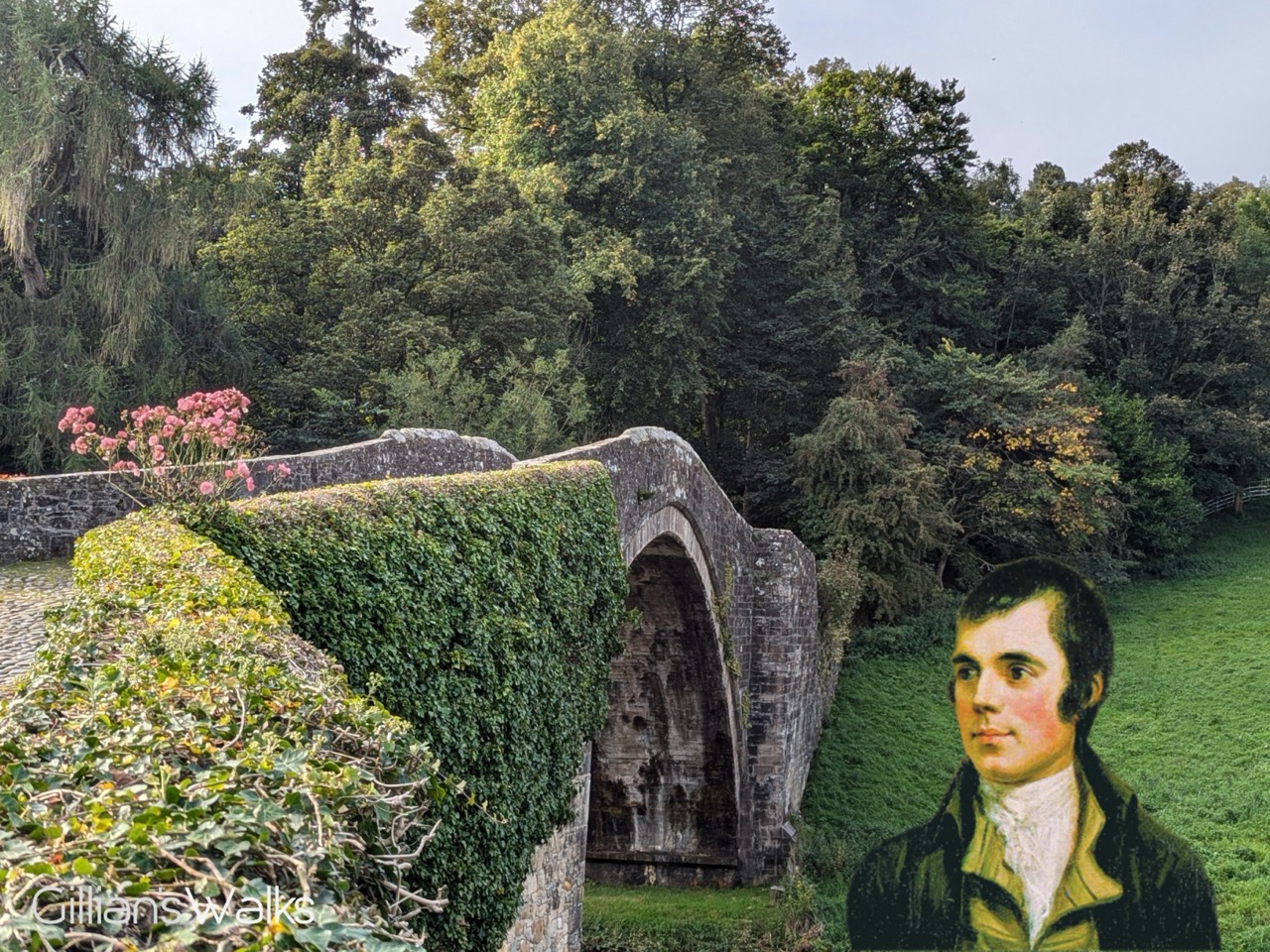 Stone arch bridge with ivy and pink flowers on the left side, lush green trees in the background, and a painting of a man in 18th-century attire on the right grassy area.