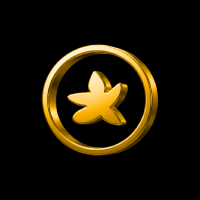 Golden circular badge with a stylized star shape in the center on a black background.