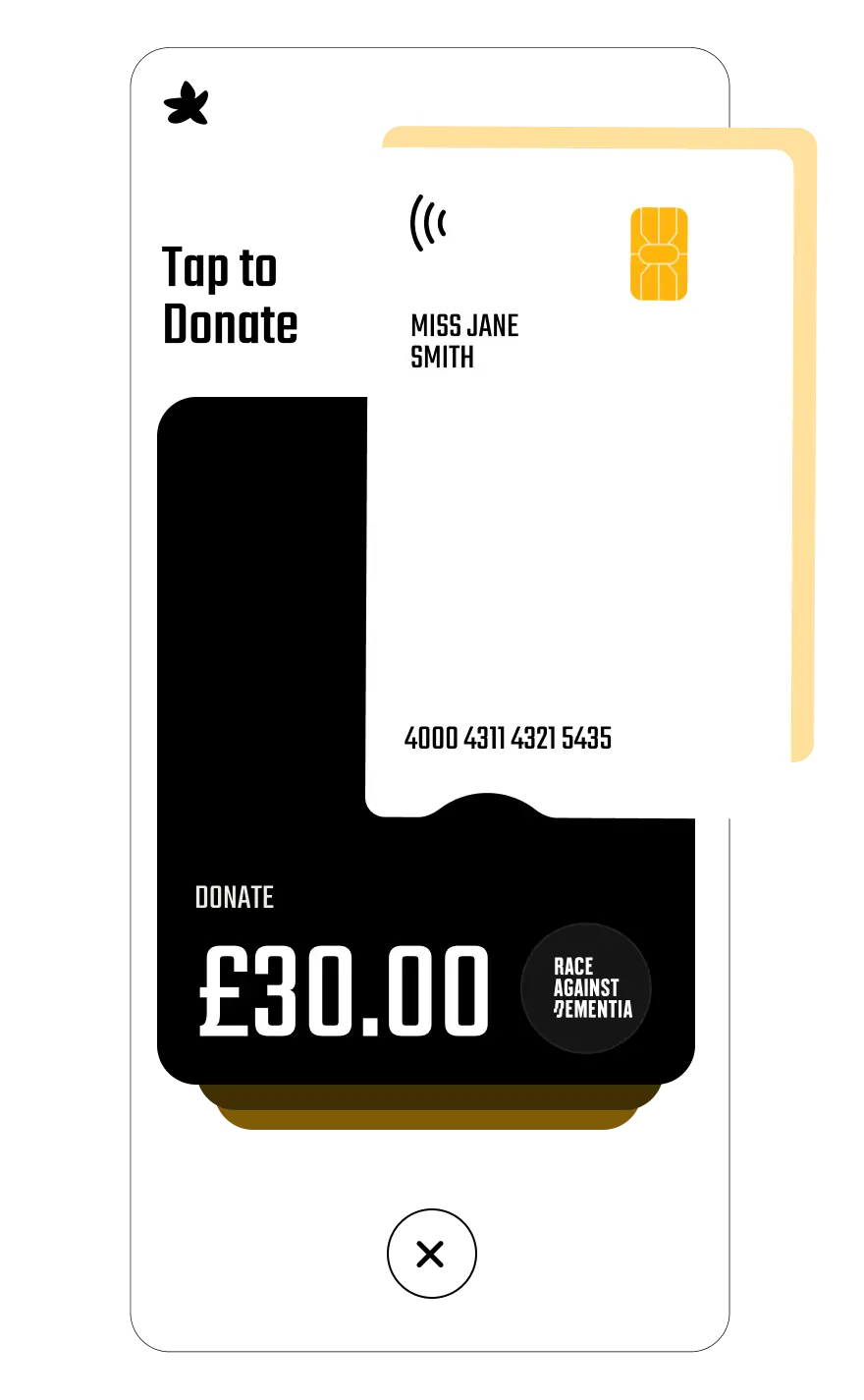 Charity donation dashboard showing total raised £8,600.87 this year with a rising line graph and a list of three charity donations: Campaign Against Living Miserably £15, Shelter £70, Race Against Dementia £250 direct debit.