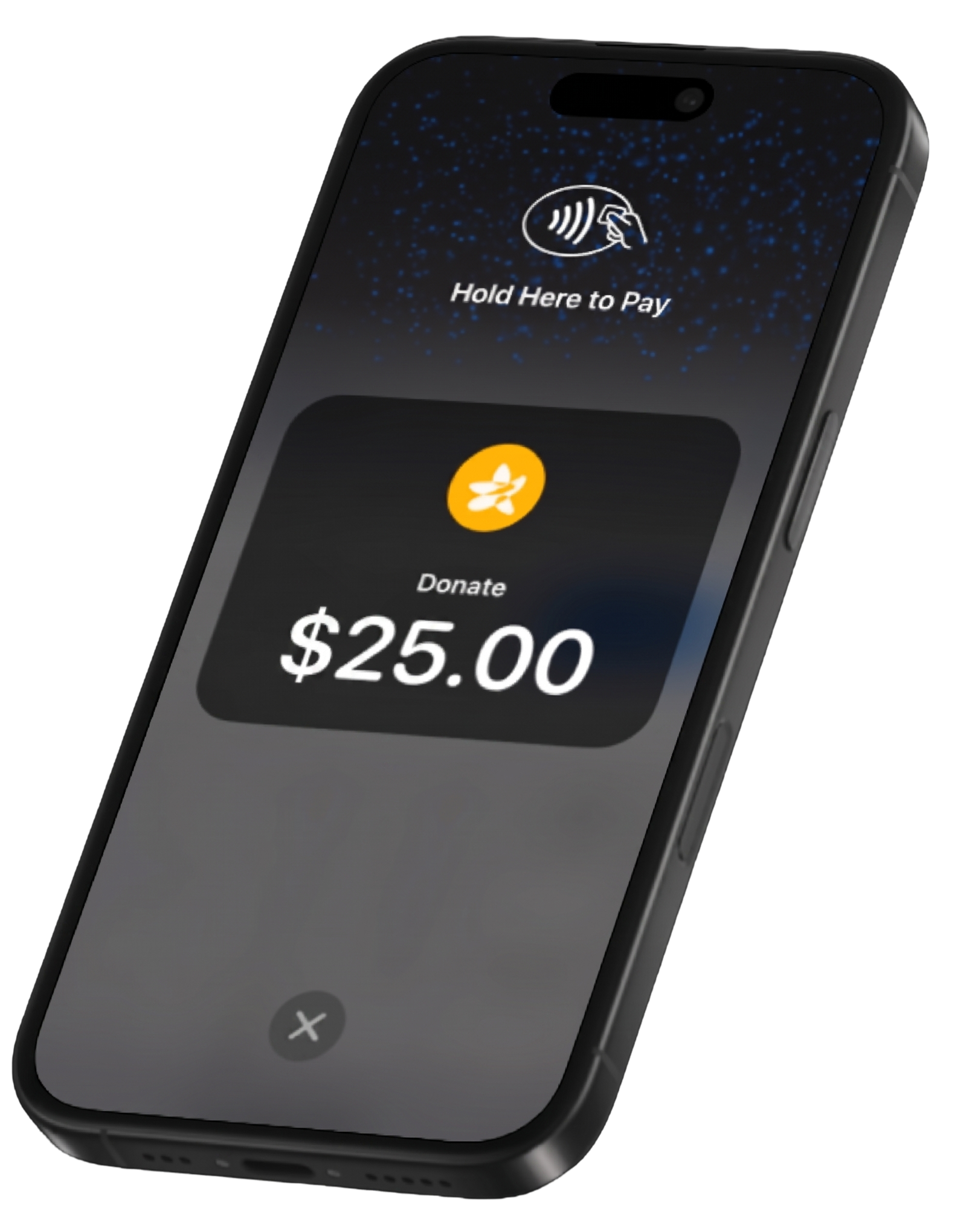 Smartphone screen showing a £25 donation prompt with a contactless payment icon and text 'Hold Here to Pay'.
