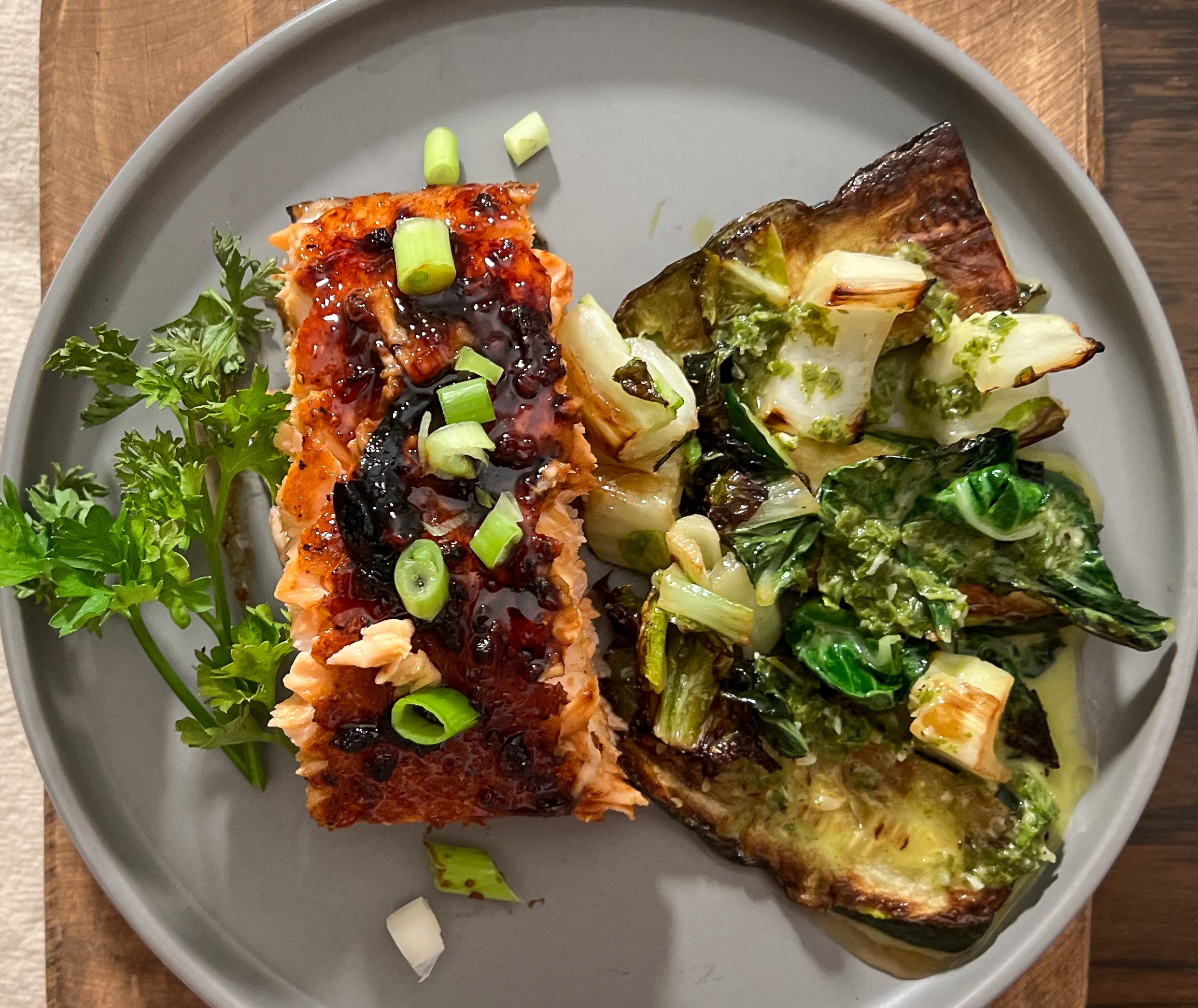 Honey Garlic Glazed Salmon with Charred Zucchini & Bok Choy