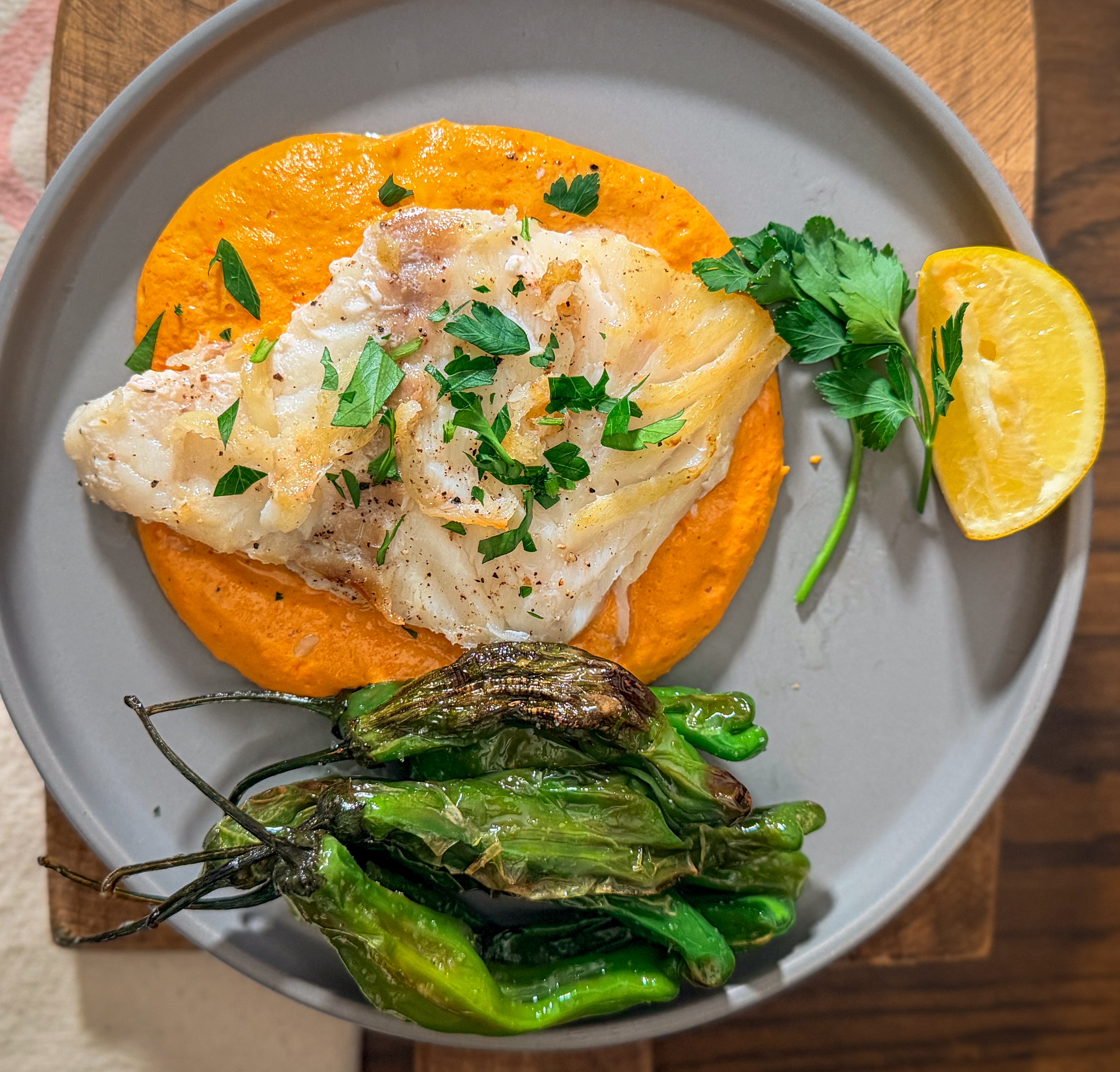 Cod with Charred Shishito Peppers