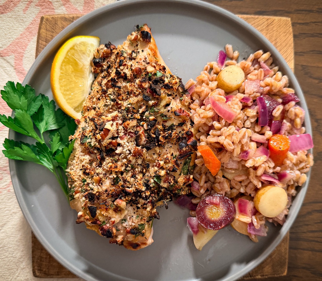 Maple Pecan-Crusted Chicken with Roasted Carrot & Farro Salad