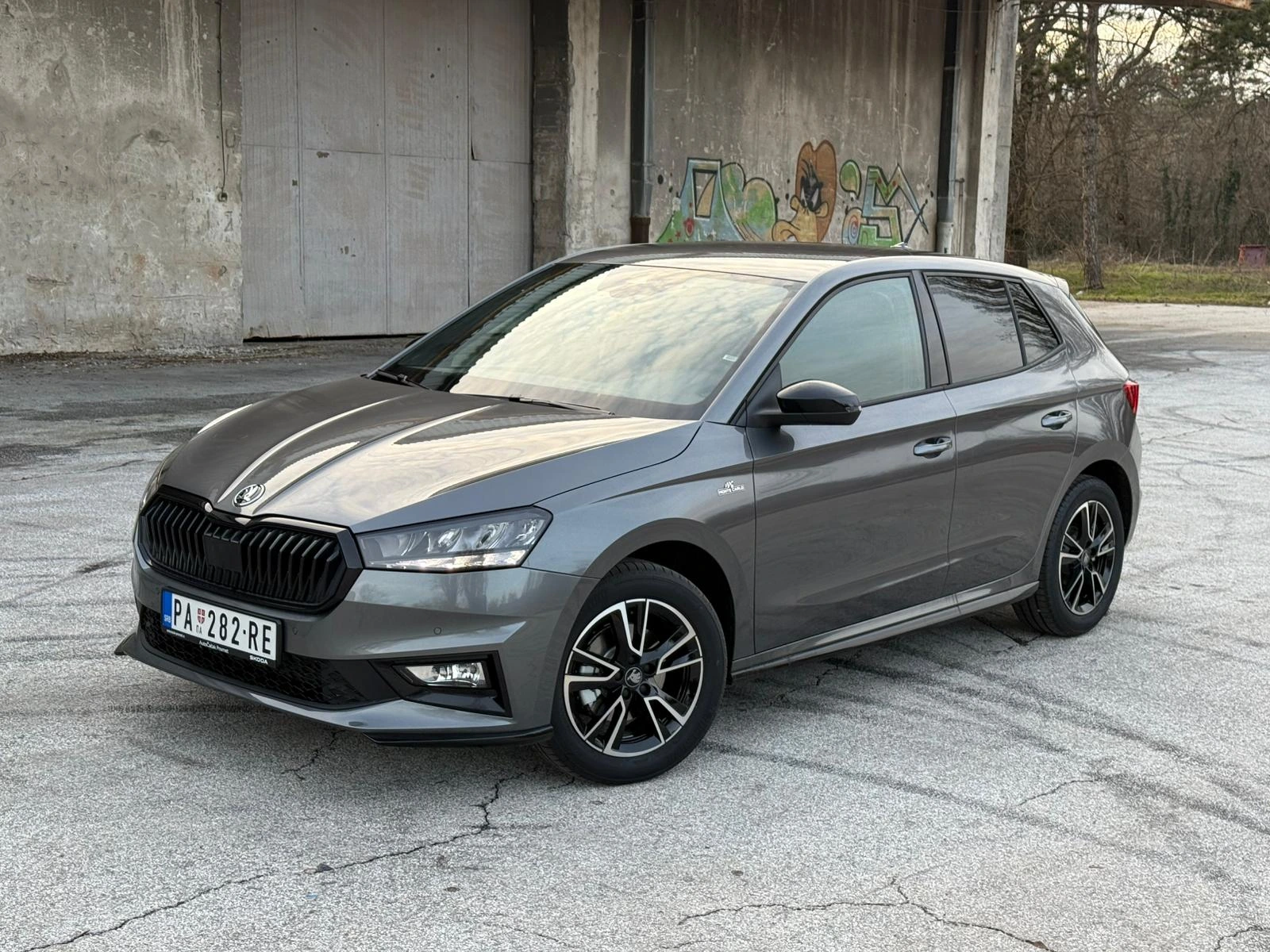 Front view of a silver Skoda Fabia parked on the parking lot