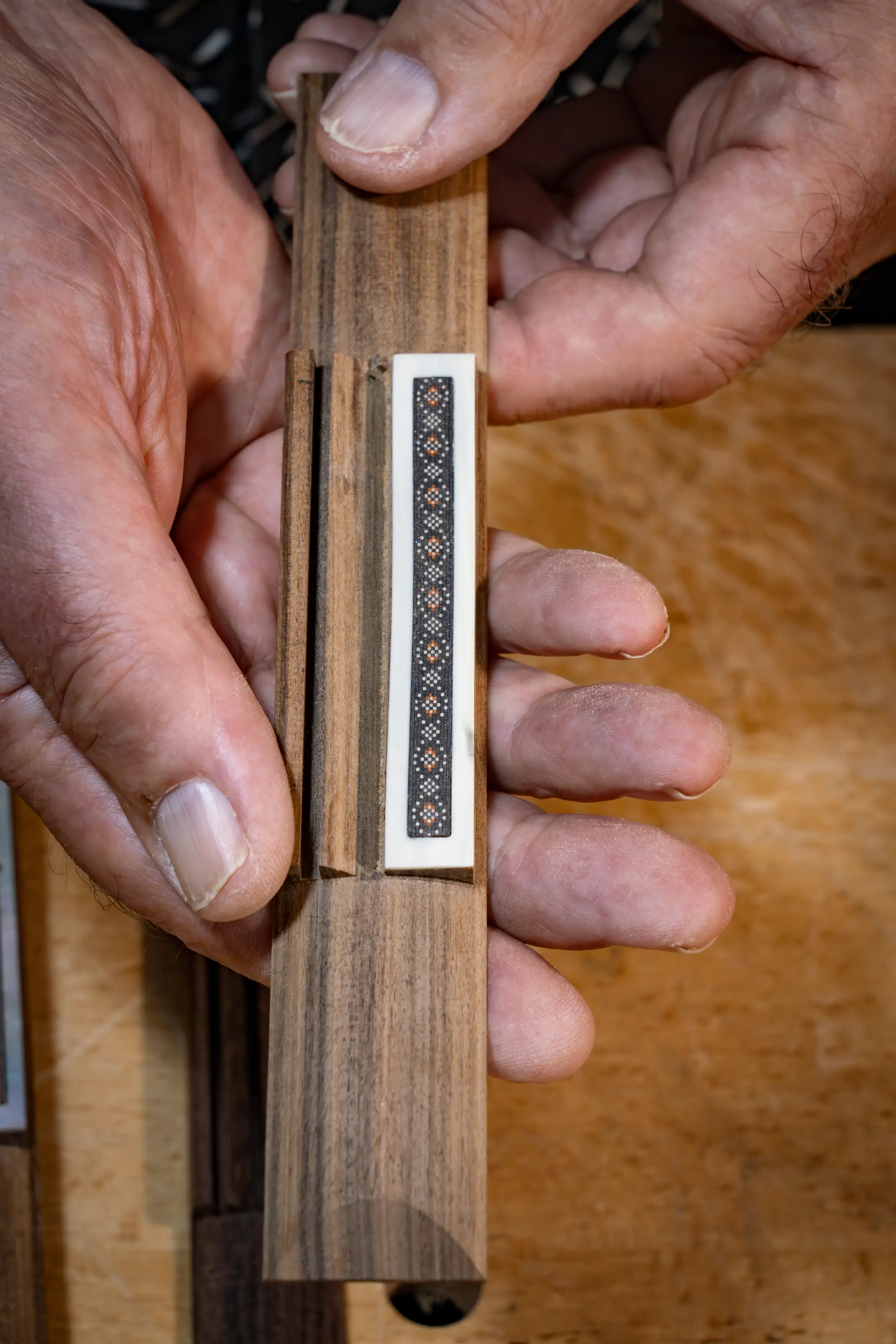 Mother of pearl and wood inlay. Photo: Duncan Kendall