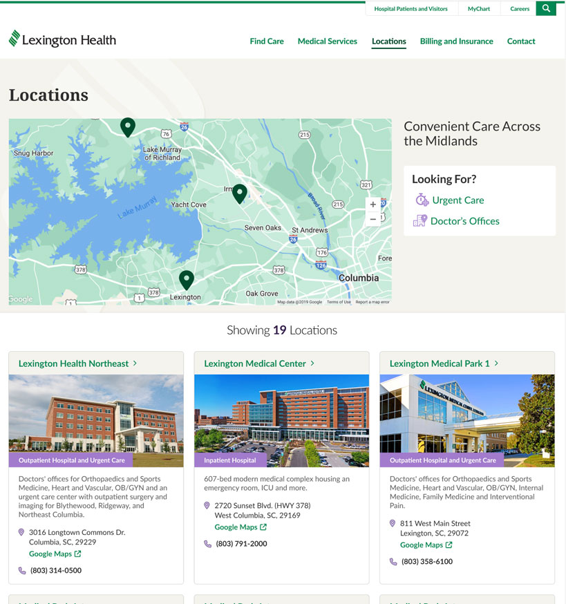 Website mockup of the Lexington Health Locations page showing a map with multiple marked facilities, a sidebar with urgent care and doctor’s office filters, and a grid of hospital location cards with images and contact details.