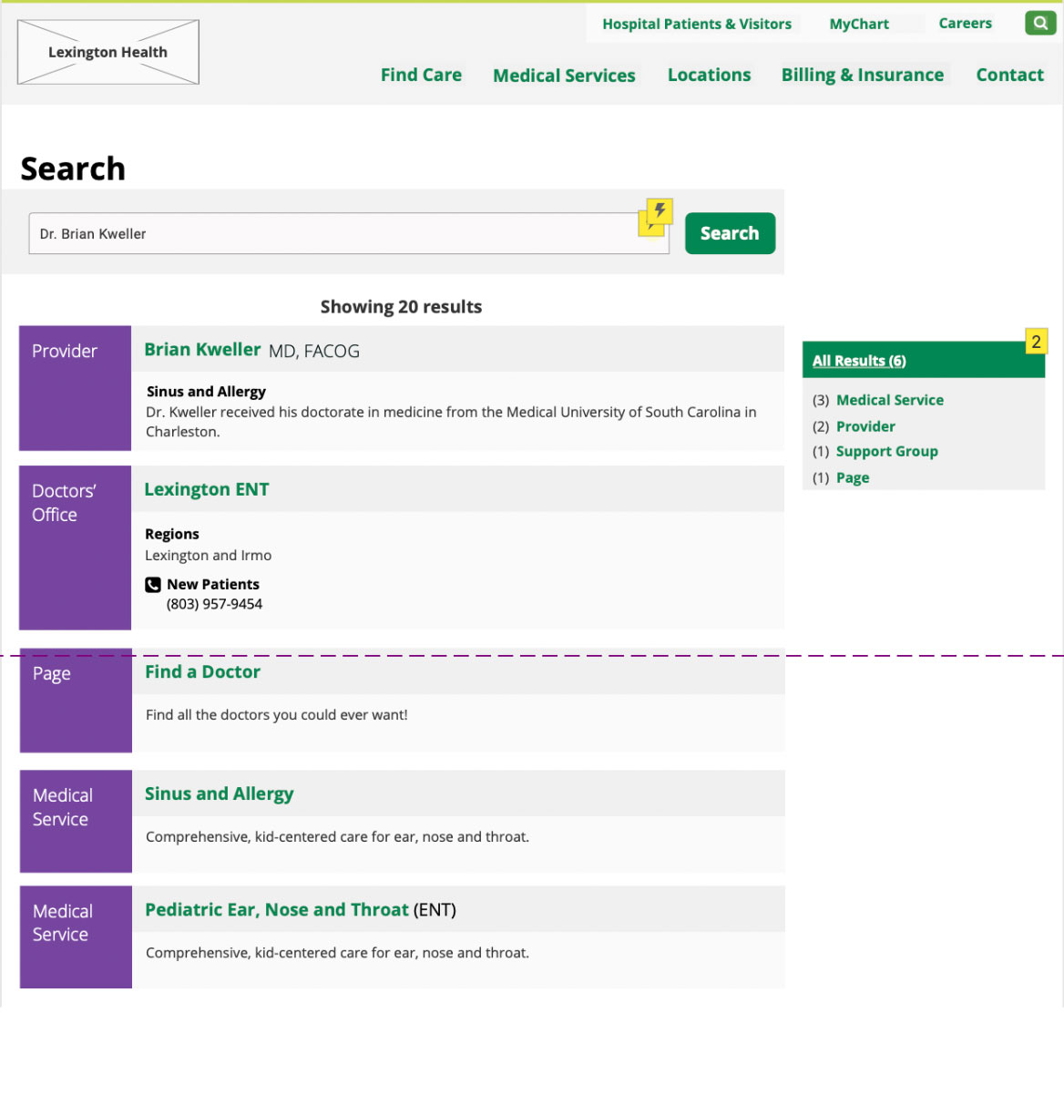 Website wireframe of the Lexington Health search results showing results to the left for "Dr. Brian Kweller". There is a filter option to the right.