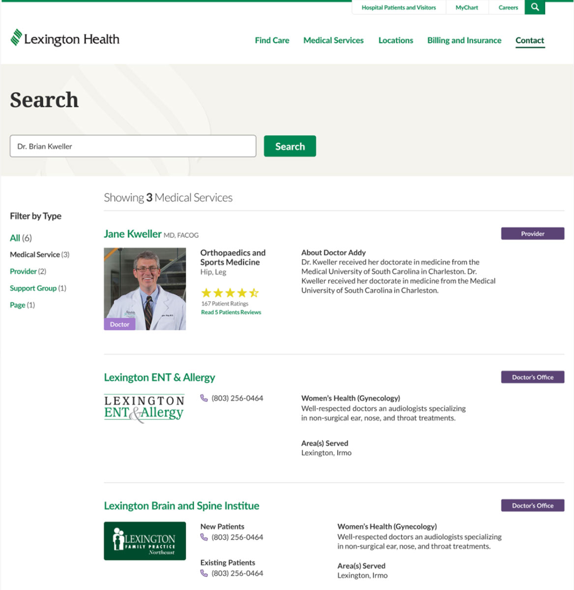 Website mockup of the Lexington Health search results showing results to the right for "Dr. Brian Kweller". There is a filter option to the left.