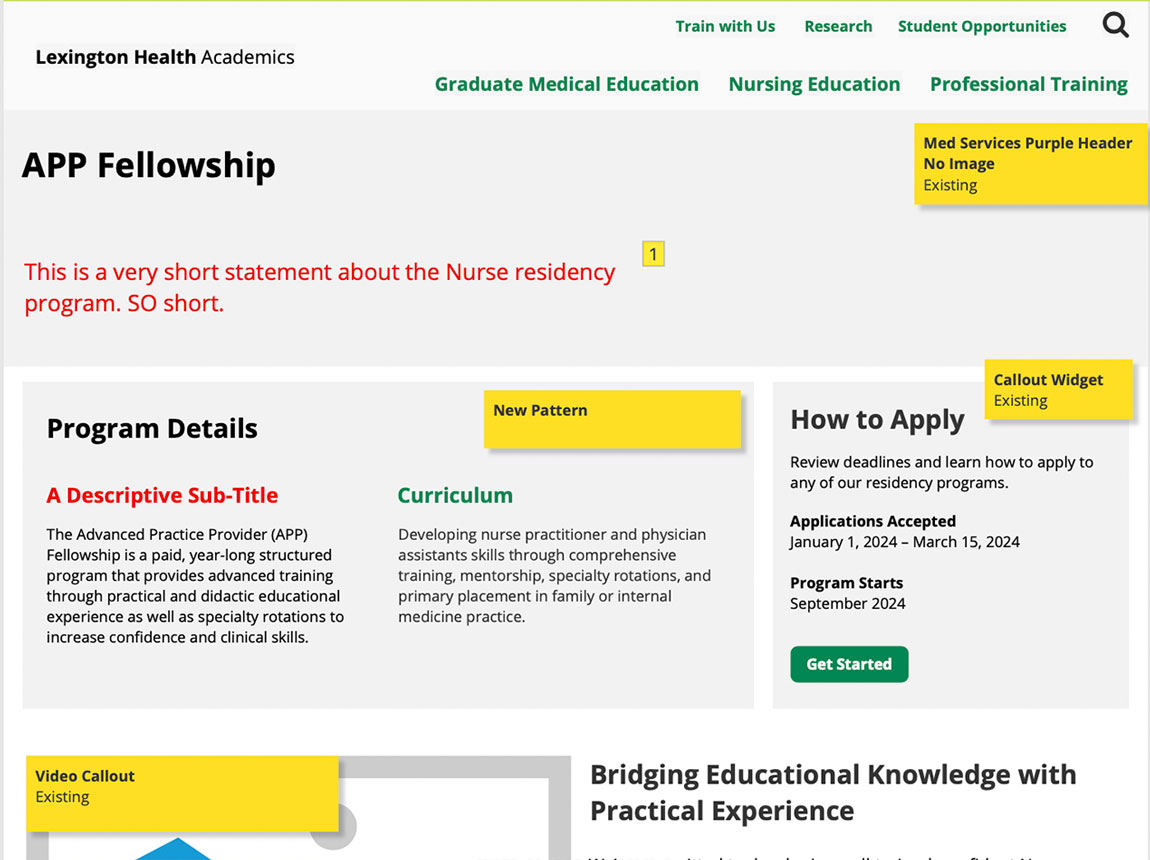 Website wireframe/template of the Lexington Health Academics APP Fellowship page. There are program details and information for how to apply.
