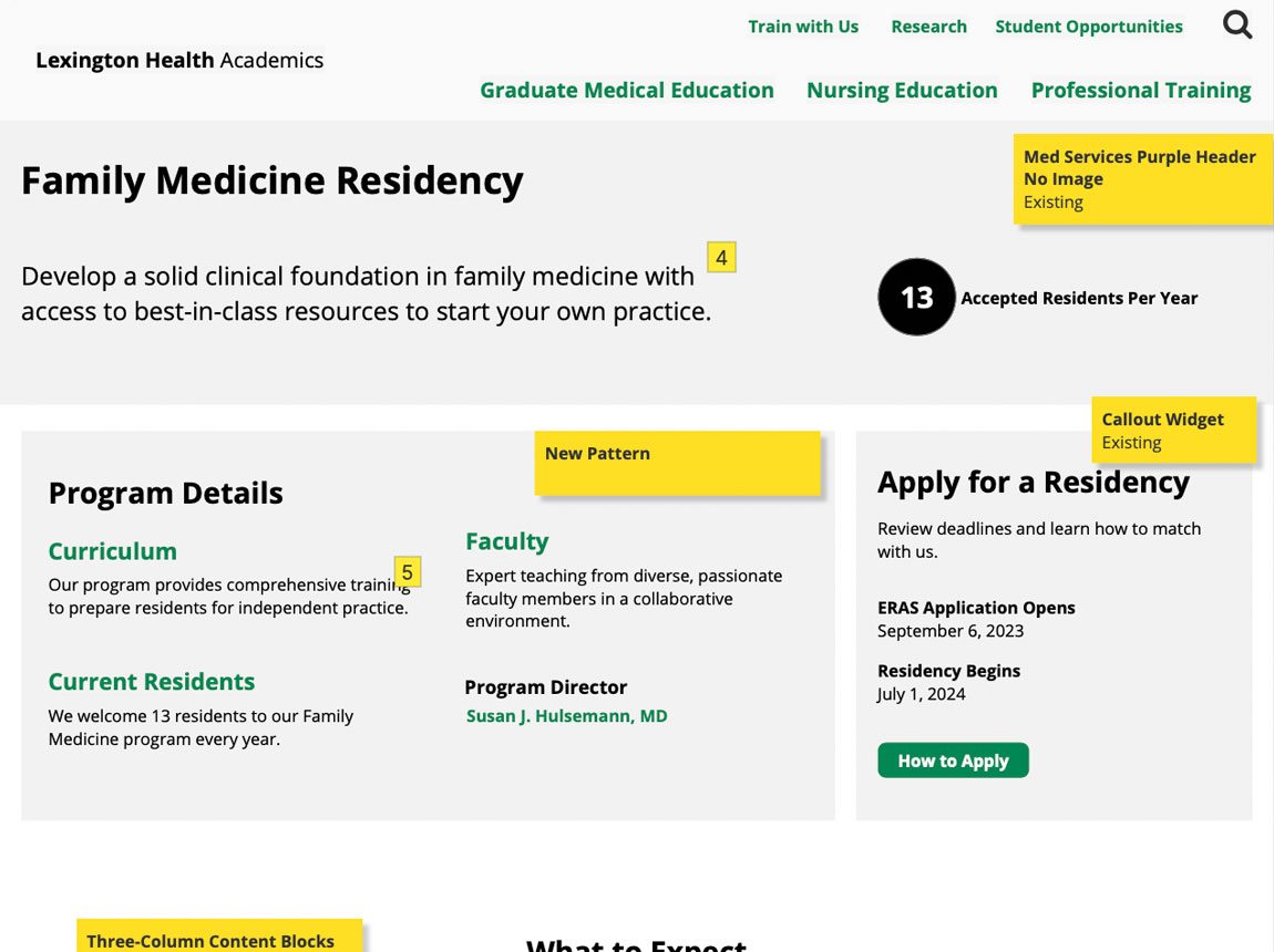 Website wireframe/template of the Lexington Health Academics, Family Medicine Residency page. There are program details and information for how to apply.