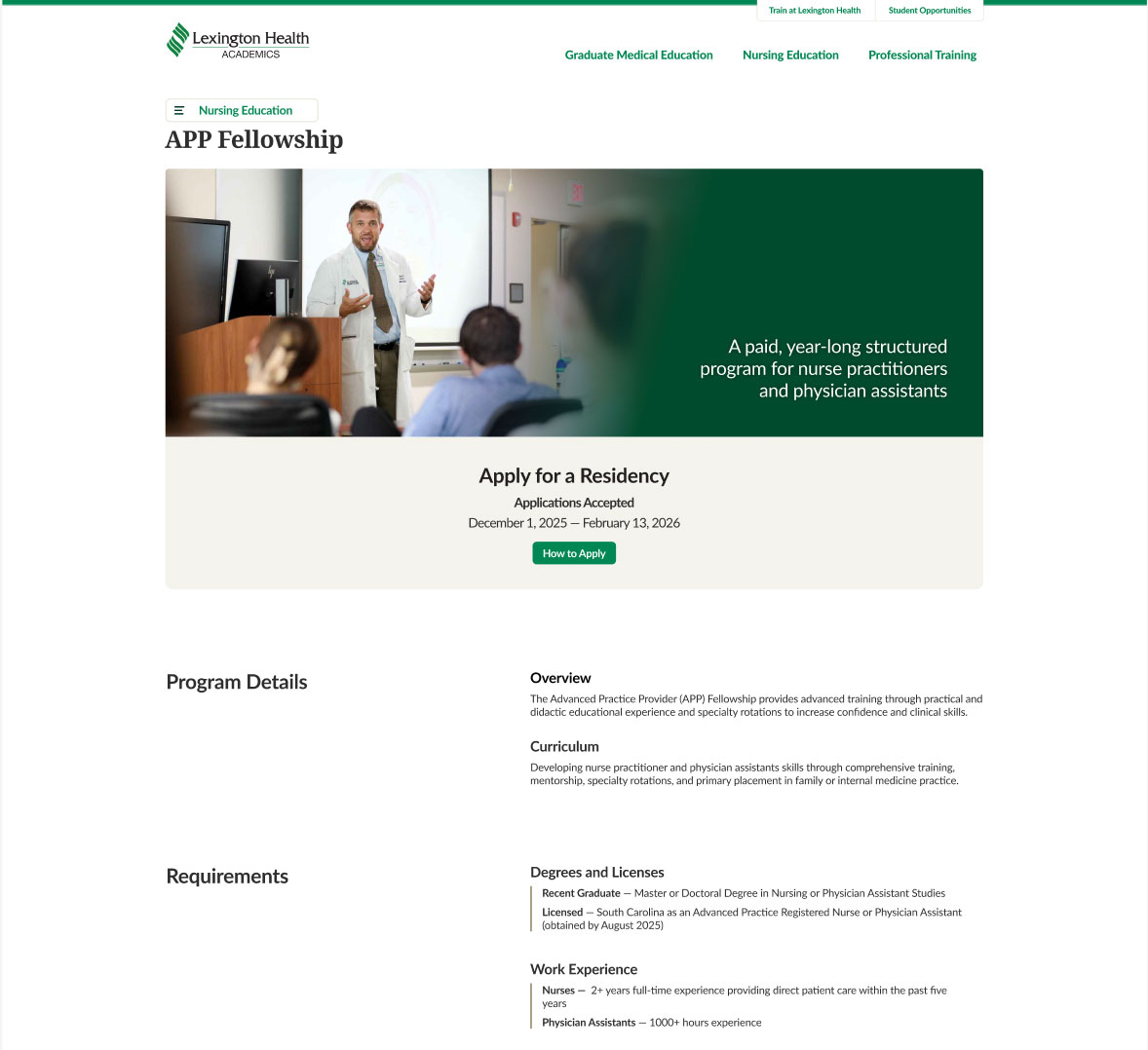 Website mockup of the Lexington Health Academics, APP Fellowship page. There are program details and information for how to apply.