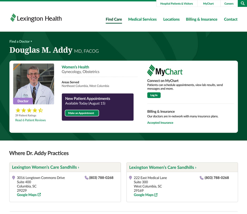 Updated doctor profile page with redesigned location cards featuring higher contrast backgrounds, clearer borders, and green links and arrow indicators to show they are interactive links
