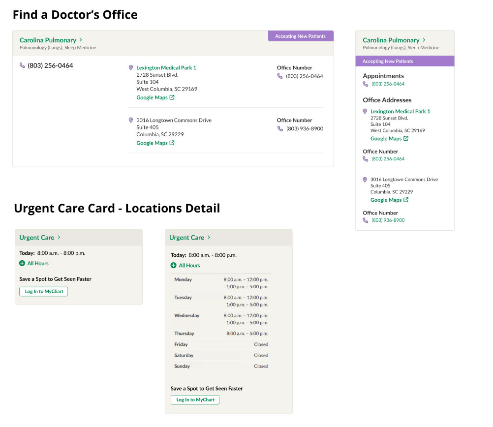 Card designs for Find a Doctor's Office and Urgent Care (locations detail). Each use similar color schemes and established designs for interaction (green links and arrows).