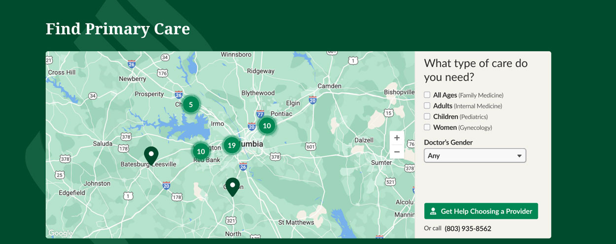 Example page with map styling for Lexington Health websites. It incorporates the company's color scheme including green and tan hues.