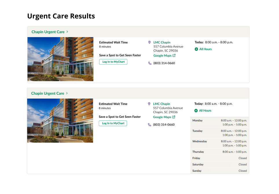 Card designs for Urgent Care Results cards. Each use similar color schemes and established designs for interaction (green links and arrows).