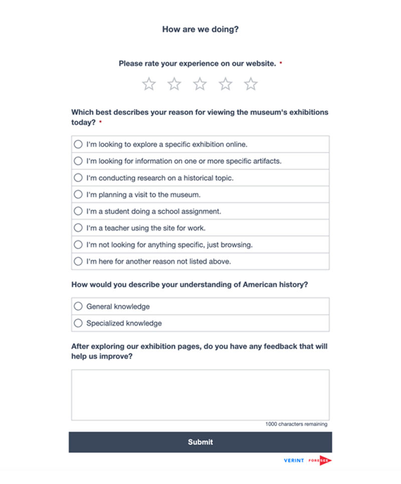 Final survey design with questions to understand the user's reasoning for visiting the specific website page and their self-rater knowledge levels.
