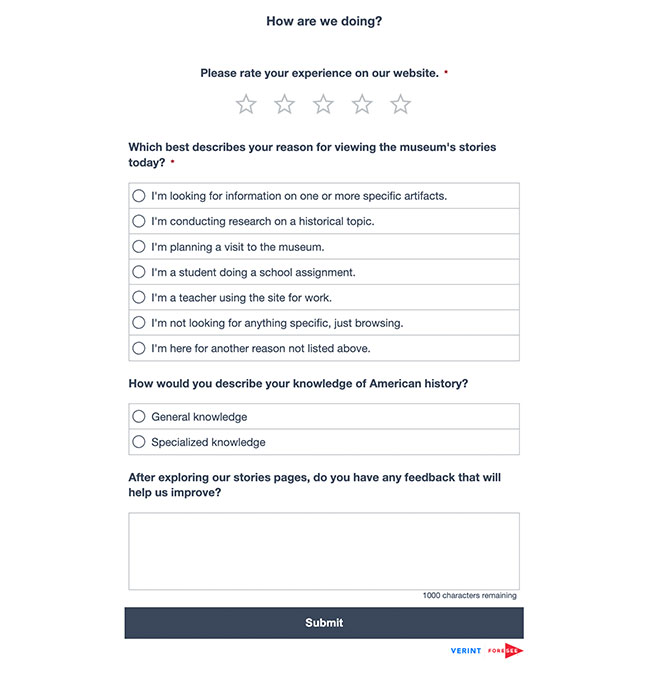 Image of museum survey about the museum's stories pages and the user's reason for visiting.