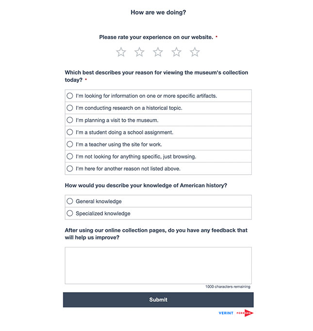 Image of museum survey about the museum's collection pages and the user's reason for visiting.