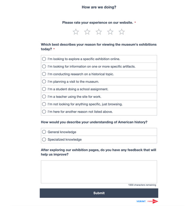Image of museum survey about the museum's exhibition pages and the user's reason for visiting.