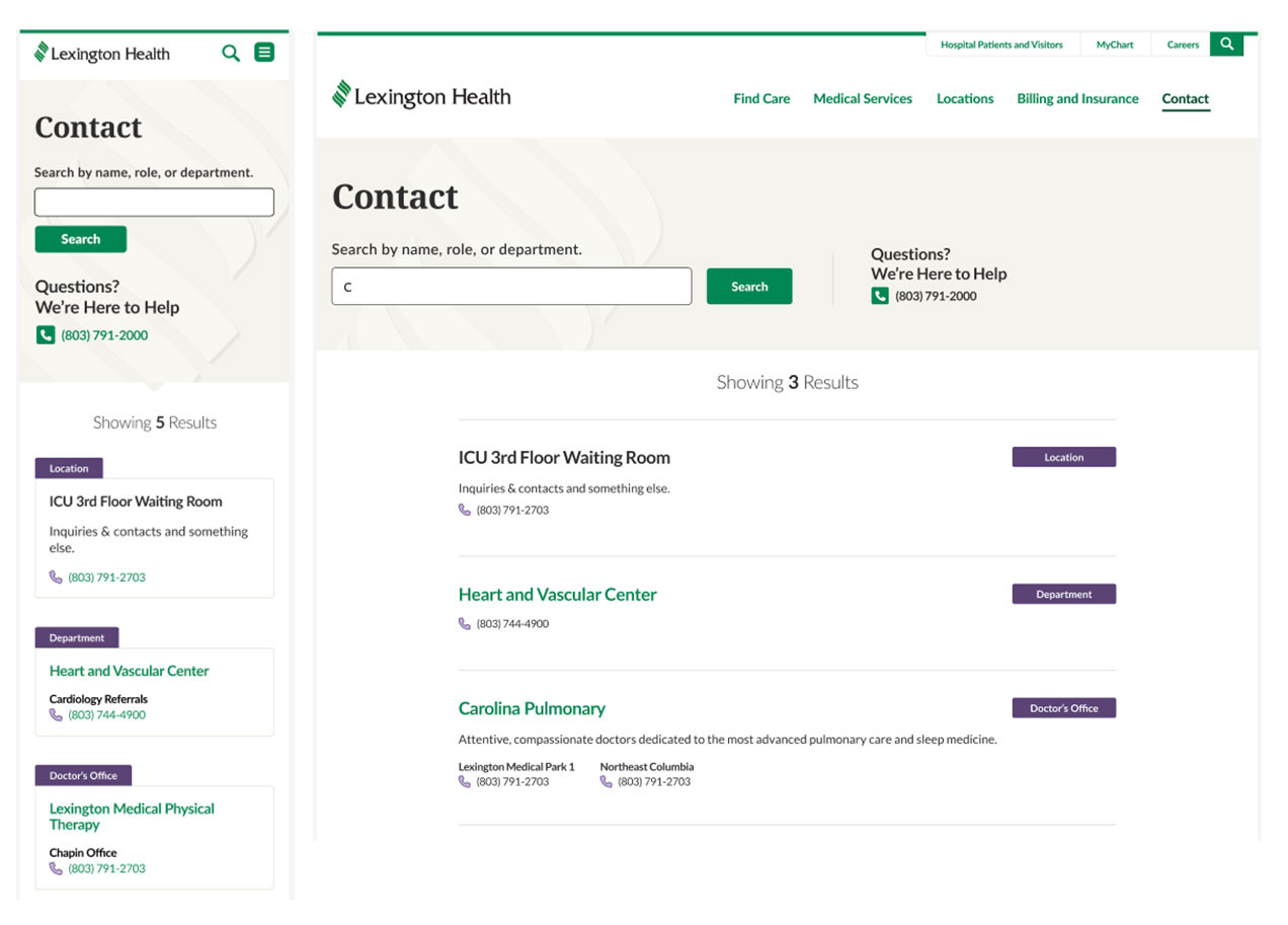 The mobile Contact page shows several results for the search, "C" with information about each result. Each result has a category such as "Location" or "Department".