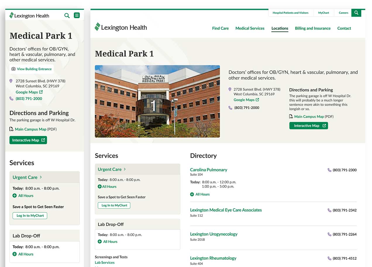 Example Urgent Care detail page mobile and desktop with an image of the location followed by address, contact, and a map option.