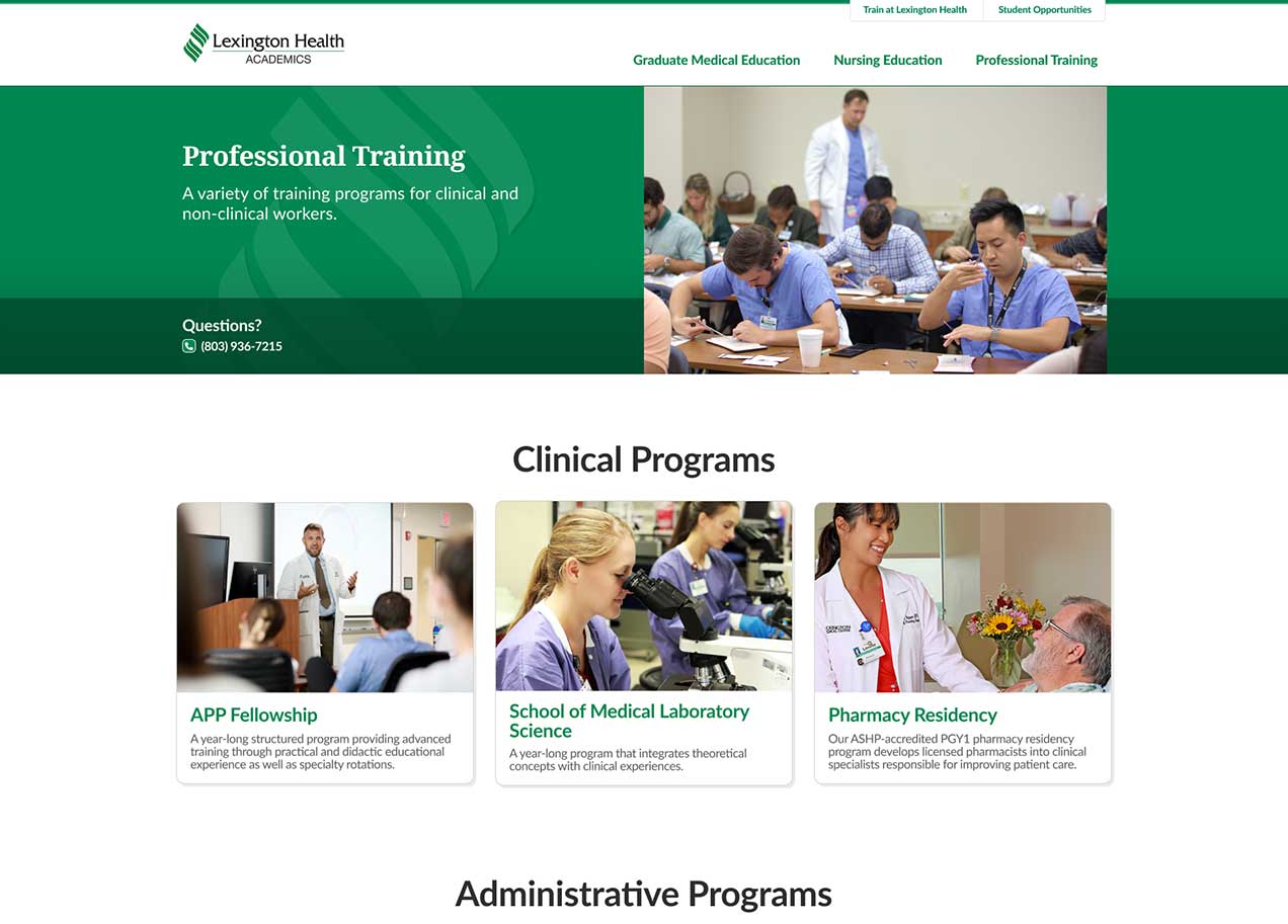 Lexington Health Academics Professional Training page. The page has several images of students participating in programs such as APP Fellowship, School of Medicine, and Pharmacy Residency.