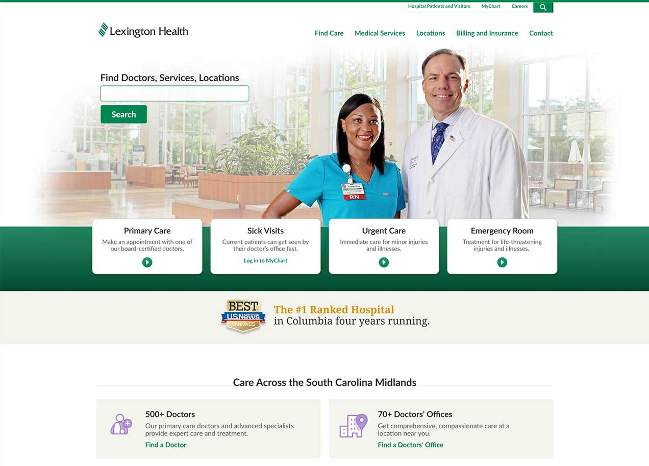 Lexington Health home page with the option to search and ctas to primary care, sick visits, urgent care, and emergency room.