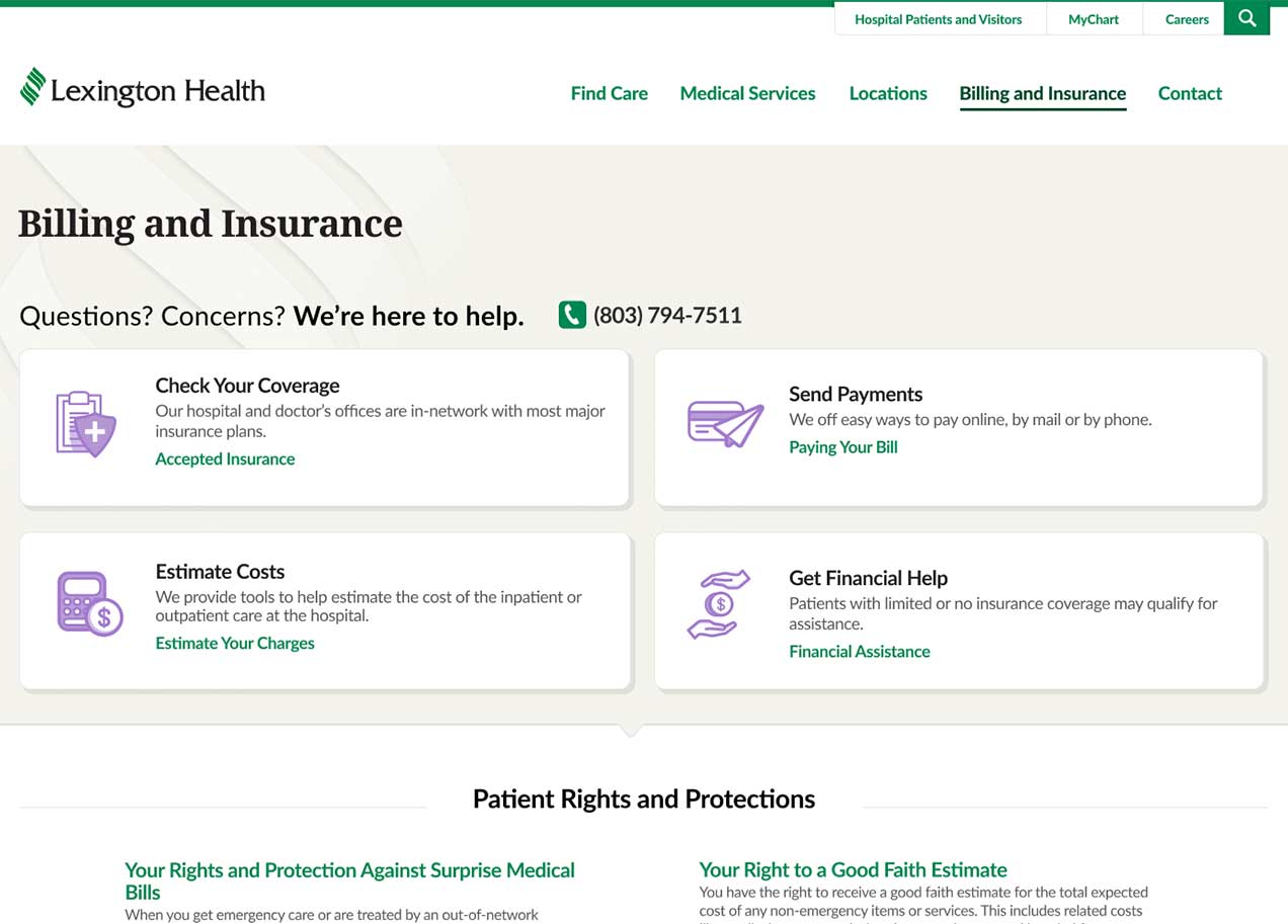 Billing and insurance page with options for users to check your coverage, send payments, estimate costs, and get financial help.